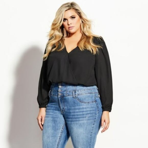 City Chic Secret Bodysuit Black Plunging V Neck Stretch Briefs Long Sleeve XL - Picture 1 of 13